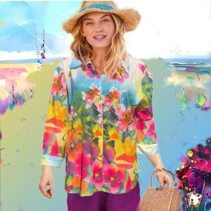 ERIN LONDON Summery Floral Lace-like Textured Fabric Collared Button Front Sz XL